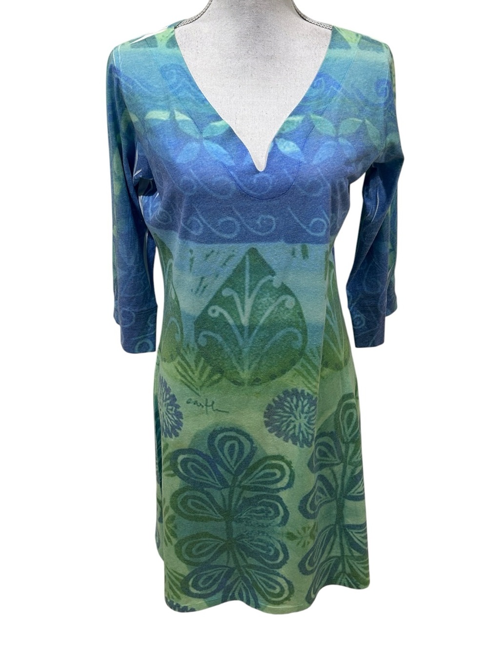 Before & again Blue-Green Long Sleeve V-Neck casual above the knee Dress medium